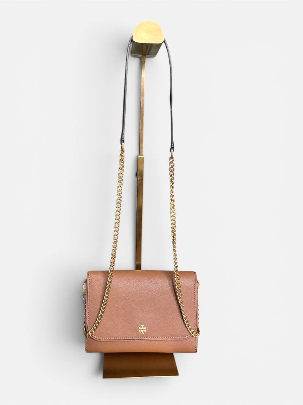 Tory Burch Taupe Gold Chain Wallet Crossbody Saffiano Leather Quiet Luxury
